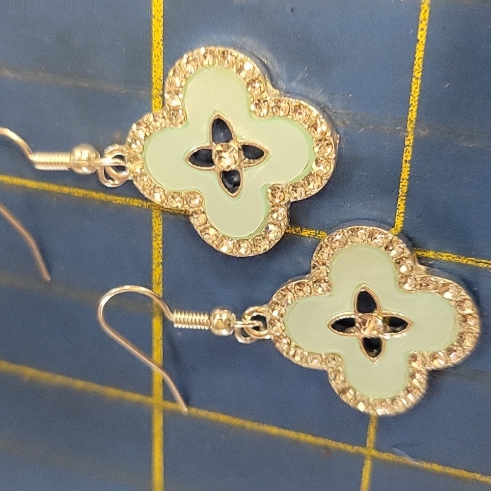 Silver Tone & Blue Enamel Floral Earrings New